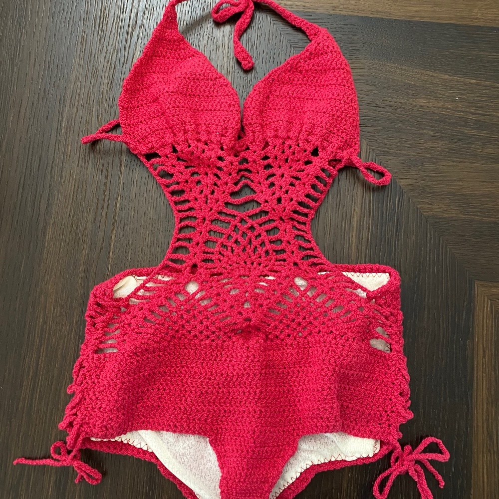 Red Crochet Monokini Bathing Suit